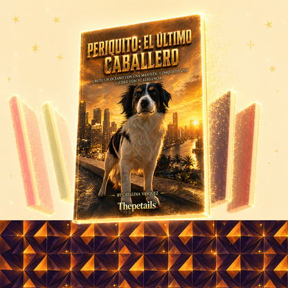 Movie-poster style pet book cover: Periquito, a tricolor dog, on a waterfront with a city skyline at sunset
