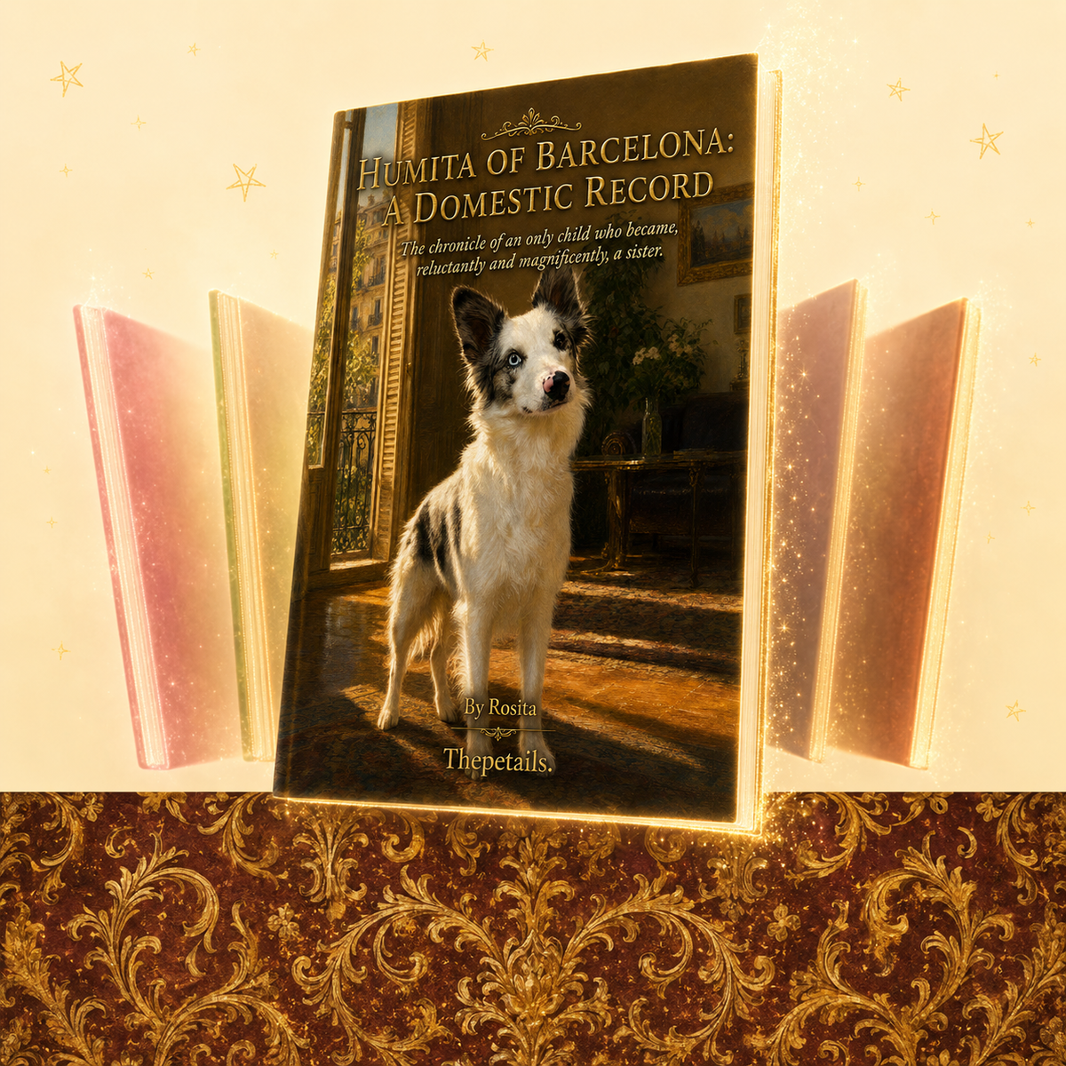 Hardcover pet storybook with a classic painted cover: a black-and-white dog standing in a sunlit old apartment