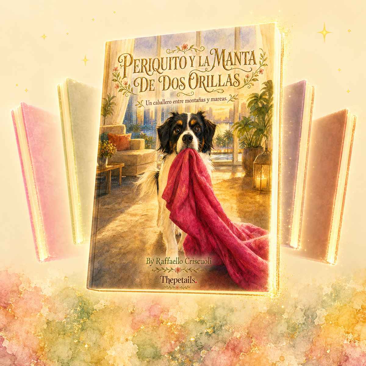Watercolor storybook cover of Periquito, a black-and-white dog, carrying a red blanket through a sunny living room